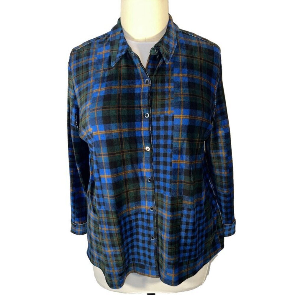 Susan Graver - Plaid Stretch Shirt Women's XLP Butter Soft Microcord Long Sleeve
